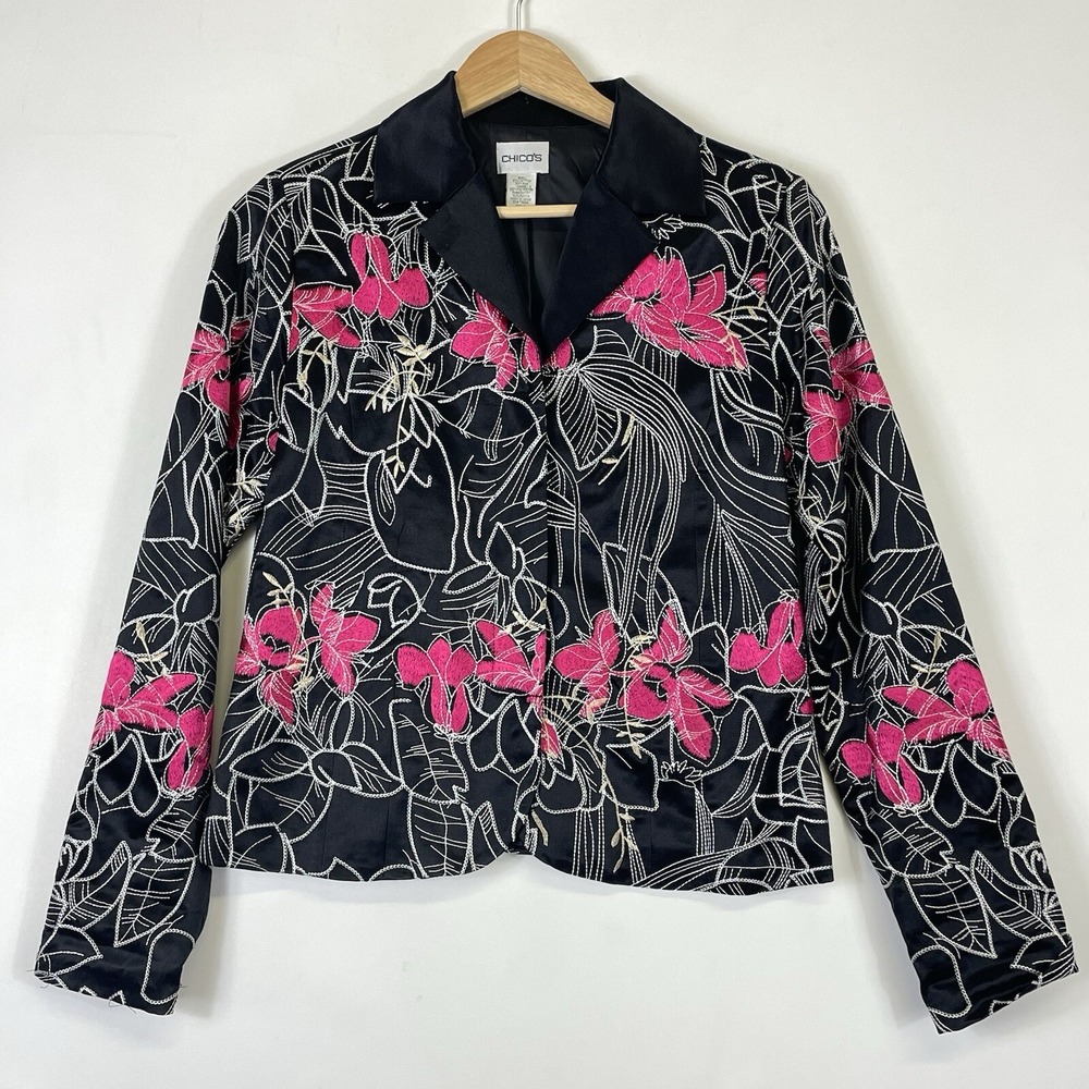 Chicos Blazer Women 0 Small Black Pink Floral Silk Cotton Embroidered Boho Chic